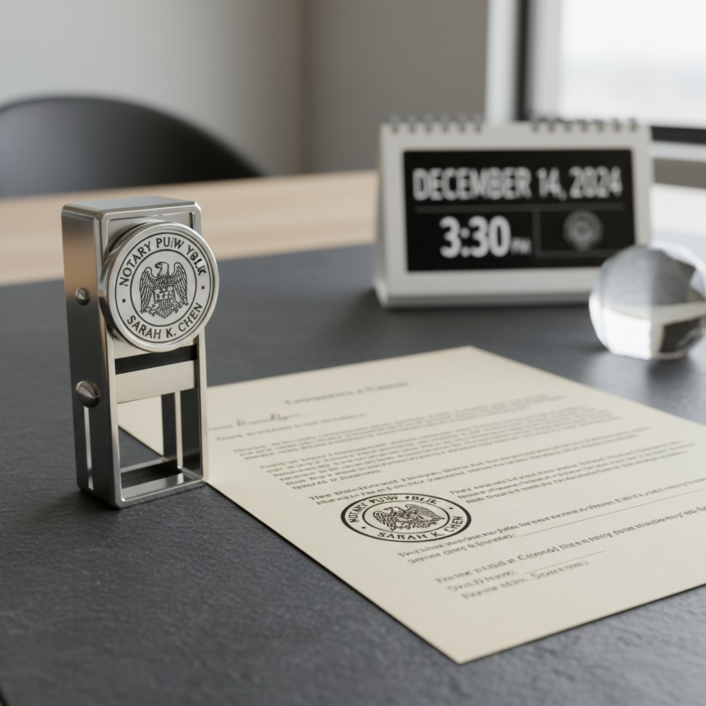 The stamp shown is used to include a notary's signature as a part of an affidavit. A desk holds the stamp, which features ...