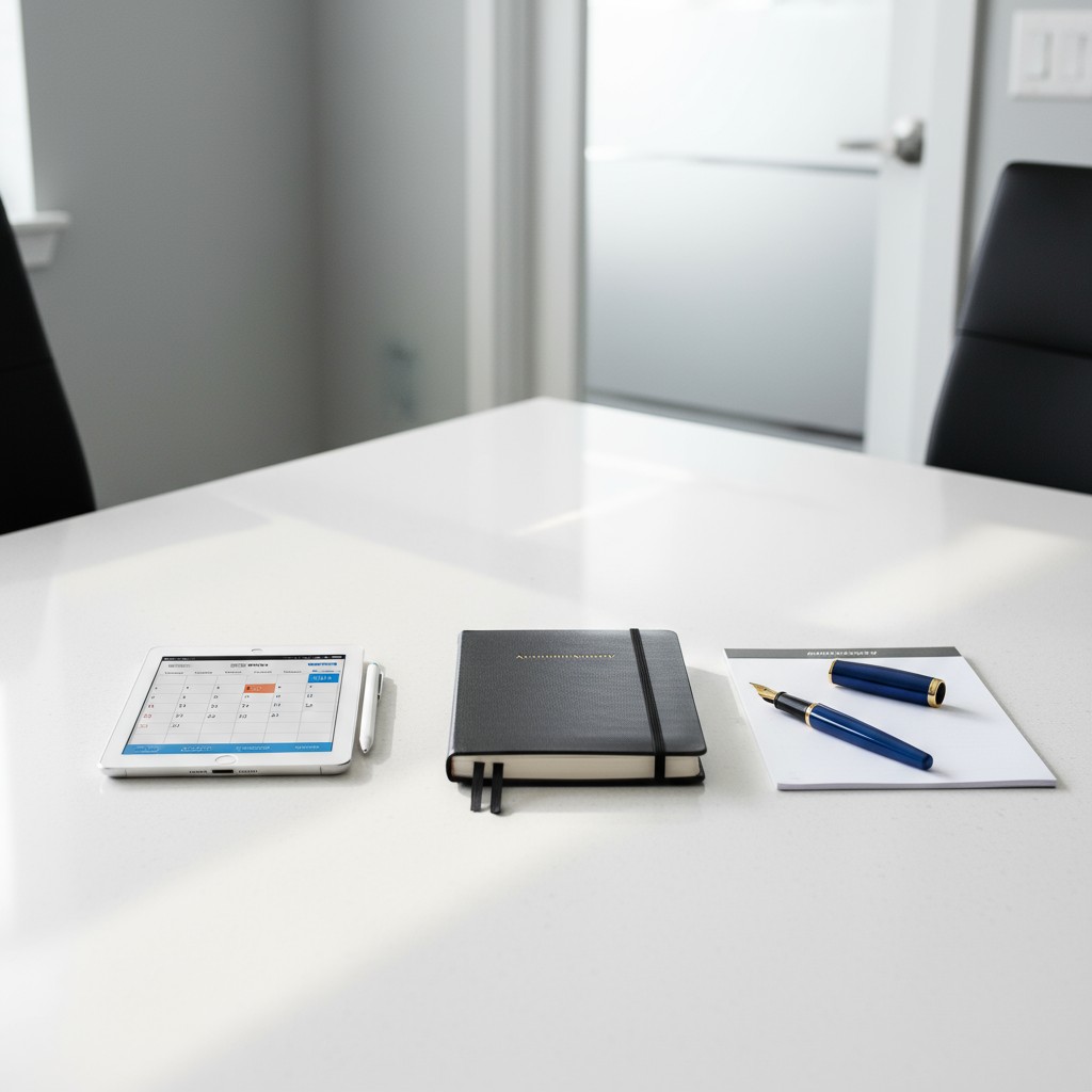 a white tablet with pen and calendar on it, a gray notebook, and a dark blue pen beside white notebook on white table.